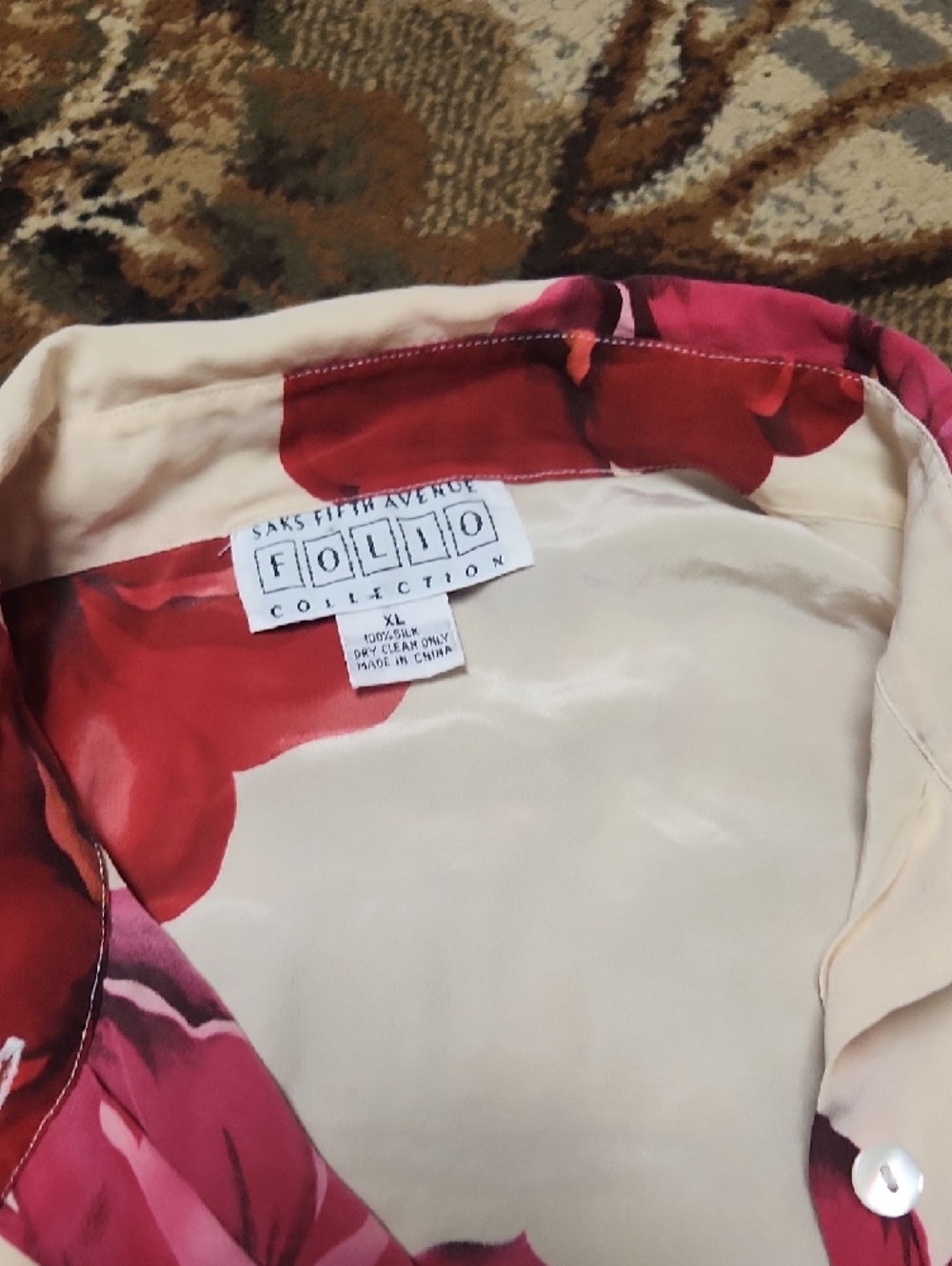 Saks Fifth Avenue Cream Button-Down Shirt with Pink & Red Floral Pattern - Picture 4 of 9
